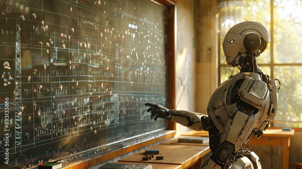 Fototapeta premium A Robot Standing In Front of a Blackboard Pointing to Something on the Board - Generative AI