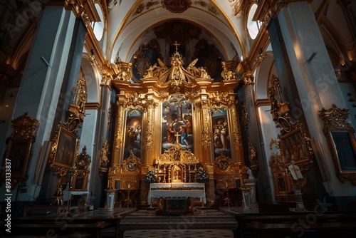 a golden and ornate baroque church altar with paintings of the last supper in it, barroco style, gothic architecture, photo taken by ARRI camera on Canon EOS R5 + arri 20mm prime lense 