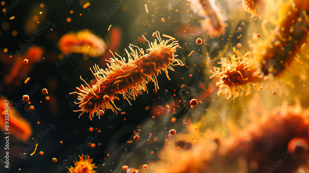 A bacterial spore, soil particles background