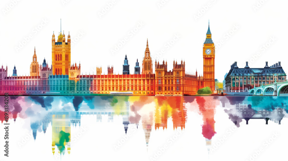 Obraz premium Watercolor depiction of Big Ben and the Houses of Parliament in London vivid colors isolated on white 