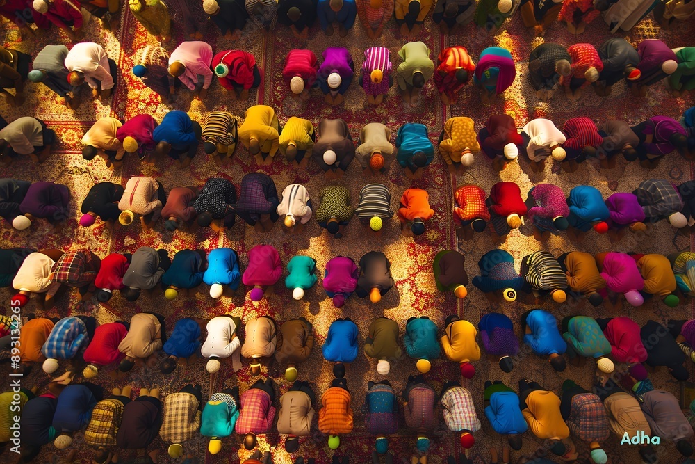Obraz premium Aerial view of Muslim men and women in colorful praying inside the mosque during Ramadan, a concept of an Islamic festival or celebration. Top down perspective with many people kneeling on their knees