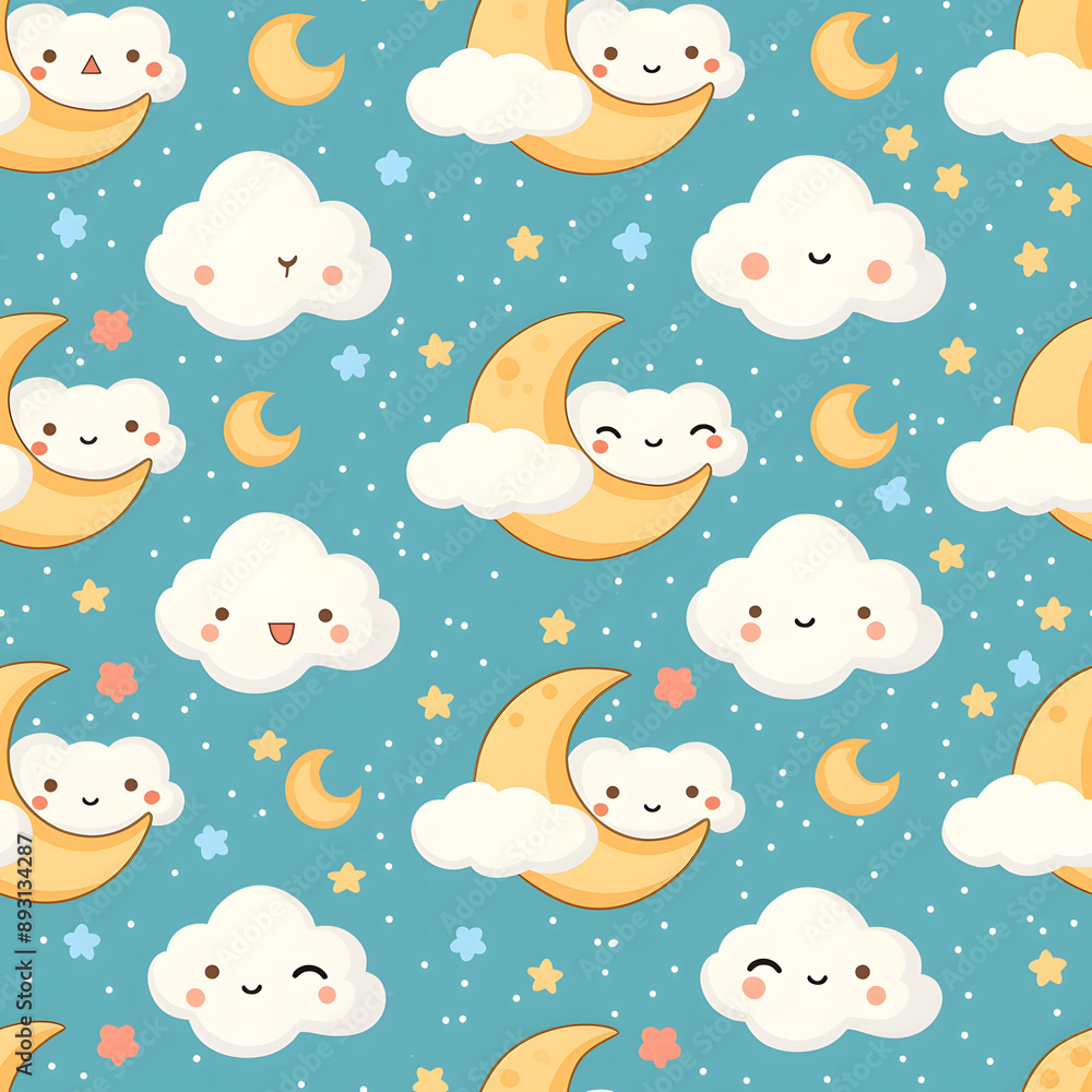 Cute seamless pattern moon with clouds and star on background. Cute seamless pattern moon with clouds and star on background.