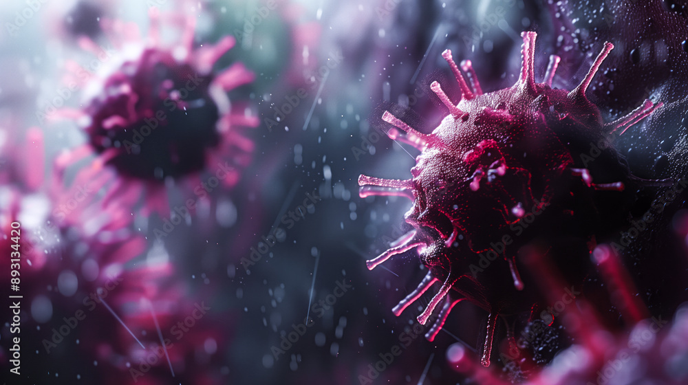 A virus budding from a cell, tissue sample background