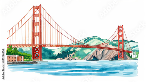 Watercolor depiction of the Golden Gate Bridge in San Francisco vibrant and majestic isolated on white 