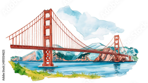 Watercolor depiction of the Golden Gate Bridge in San Francisco vibrant and majestic isolated on white 