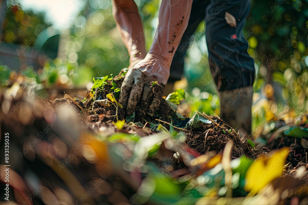 Obraz premium Turning a compost pile in a community garden, filled with microorganisms, showcasing sustainable regenerative agriculture