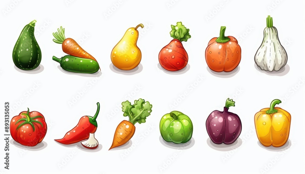 Colorful Cartoon Vegetables Isolated On A White Background Colorful Cartoon Vegetables Isolated On A White Background