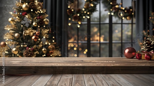 wooden table top for product display mockup with festive christmas tree background