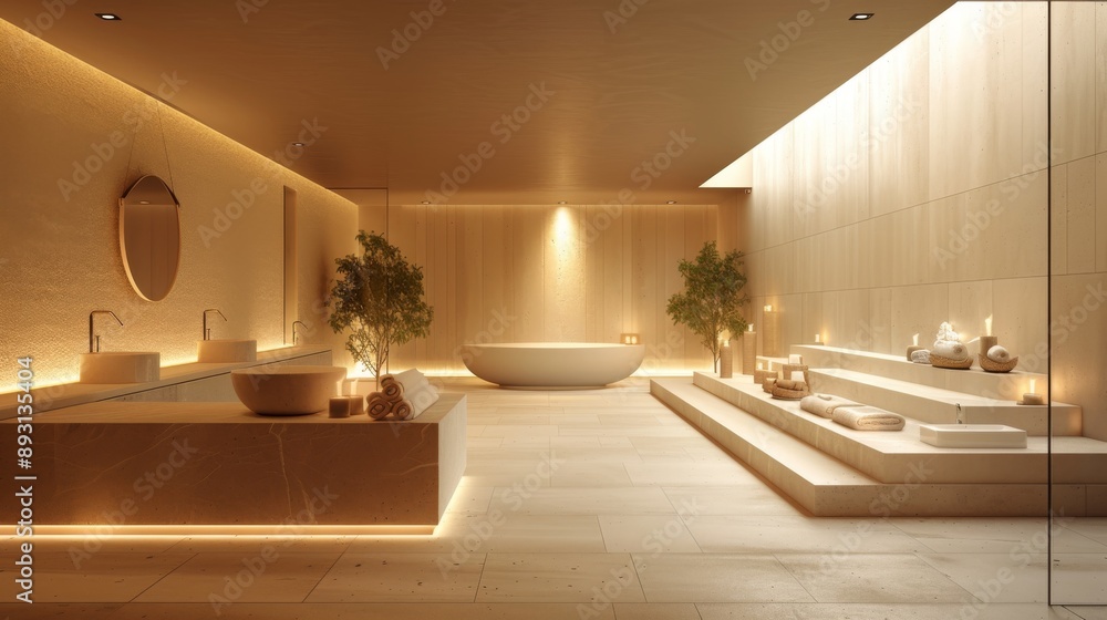 A Modern Bathroom With a Large Tub and a Couple of Sinks Next to Each Other - Generative AI A Modern Bathroom With a Large Tub and a Couple of Sinks Next to Each Other - Generative AI