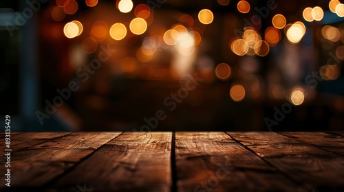 Empty wooden table with background lights out of focus. 