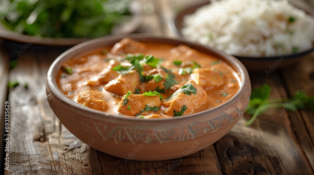 A Bowl of Chicken Curry on a Wooden Table Next to a Bowl of Rice - Generative AI A Bowl of Chicken Curry on a Wooden Table Next to a Bowl of Rice - Generative AI