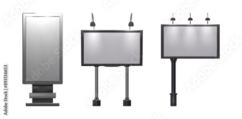 Outdoor advertising billboards set isolated on white background. Vector realistic illustration of 3d banner mockups with led light illumination, lightbox with blank space for business announcement