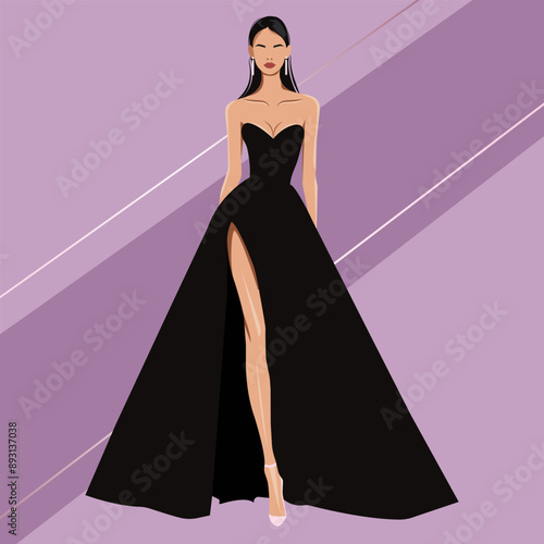 Attractive young woman in a luxurious black fluffy dress with off shoulders and a slit on the leg. Flat fashion illustration, faceless. Vector.