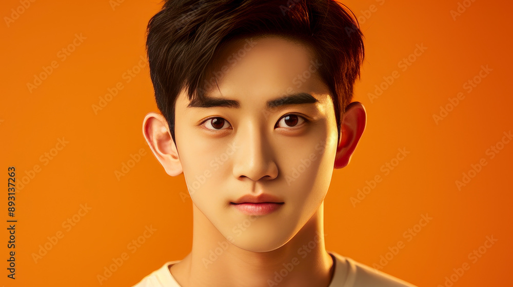 Portrait of a cute handsome happy Asian teenager guy with perfect skin, orange background, banner. Portrait of a cute handsome happy Asian teenager guy with perfect skin, orange background, banner.