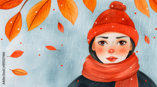 Watercolor illustration Watercolor closeup of a person with a red nose and scarf looking miserable under the rain with orange leaves  photo