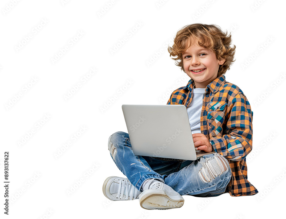 Smilling cute boy sitting on floor with laptop on white
Smilling cute boy sitting on floor with laptop on white