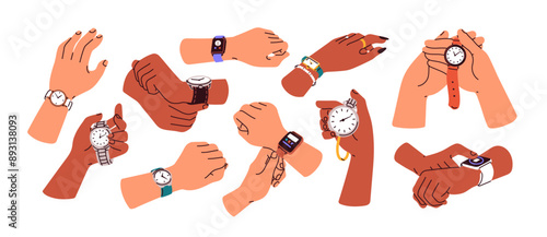 Watches on hands set. Holding wristwatch, checking time, looking at wrist clock, control with stopwatch. Digital smartwatch, vintage timer. Flat vector illustration isolated on white background