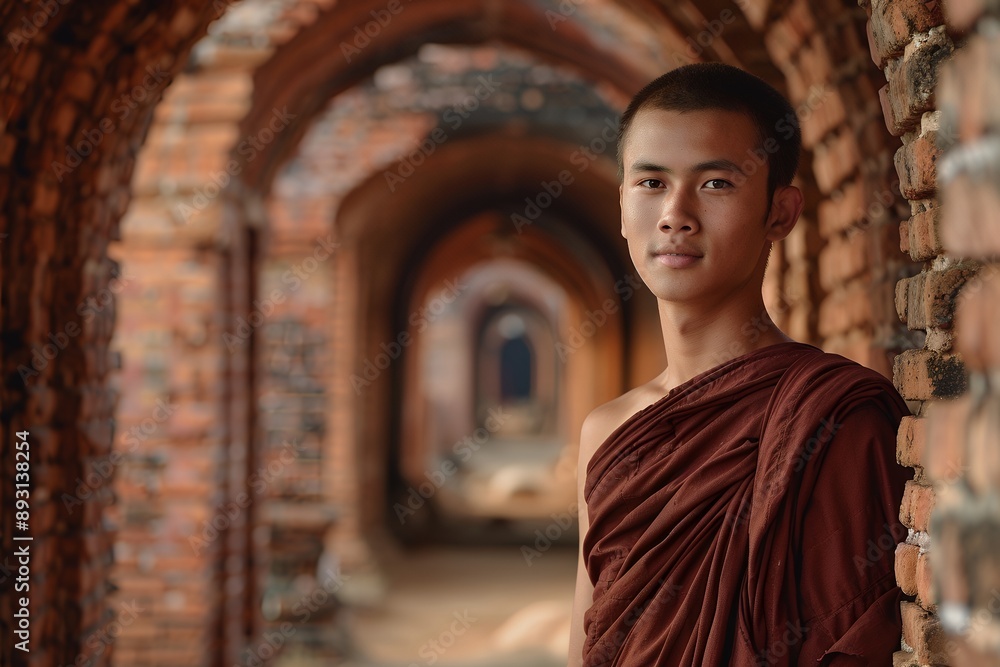 modern portrait of a young Asian monk walking in an ancient temple in Bagan. He has a radiant face and vibrant eyes. Dressed in a maroon robe, he stands near an archway made from red bricks. He is rea modern portrait of a young Asian monk walking in an ancient temple in Bagan. He has a radiant face and vibrant eyes. Dressed in a maroon robe, he stands near an archway made from red bricks. He is rea