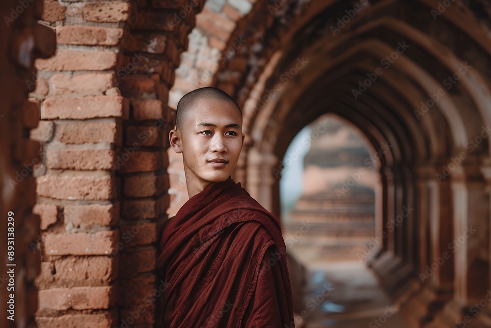 Naklejka premium modern portrait of a young Asian monk walking in an ancient temple in Bagan. He has a radiant face and vibrant eyes. Dressed in a maroon robe, he stands near an archway made from red bricks. He is rea