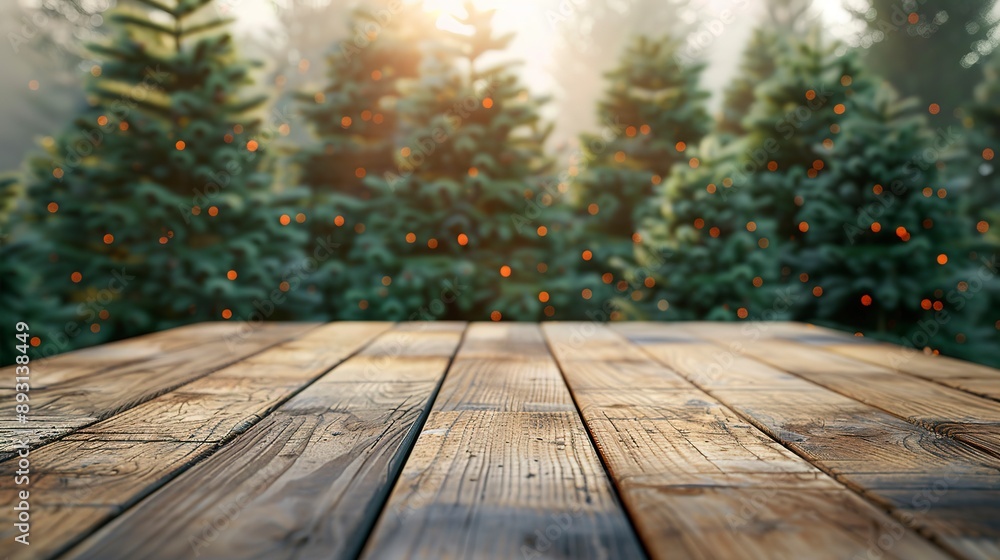 a wooden table that is empty with a background of Christmas trees. ready for montage of the product display a wooden table that is empty with a background of Christmas trees. ready for montage of the product display