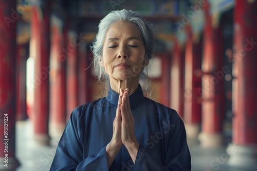 A Chinese female doctor in her fifties is praying with hands clasped together, dressed in dark blue professional attire and standing inside the temple hall of traditional architecture. She has gray ha photo