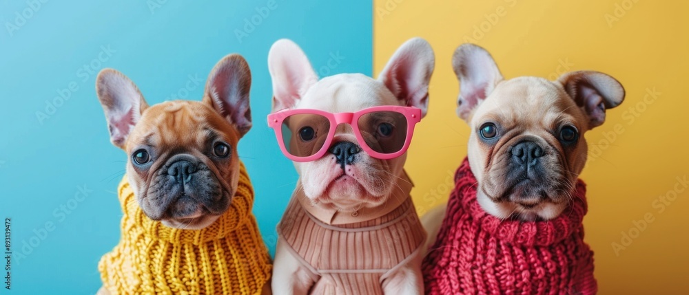Fototapeta premium Cute dog puppies in eccentric and vibrant mismatched outfits set against a bright background The whimsical attire and joyful expressions of the puppies create an inviting and fun visual ideal for