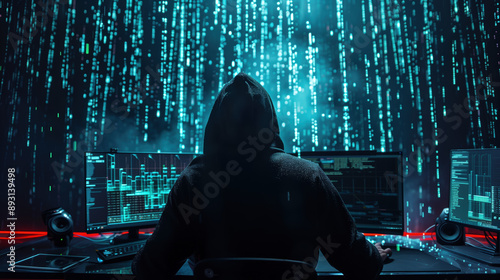 Man with Hood Editing Video on Computer in Digital Studio with Matrix Raining Code Background photo