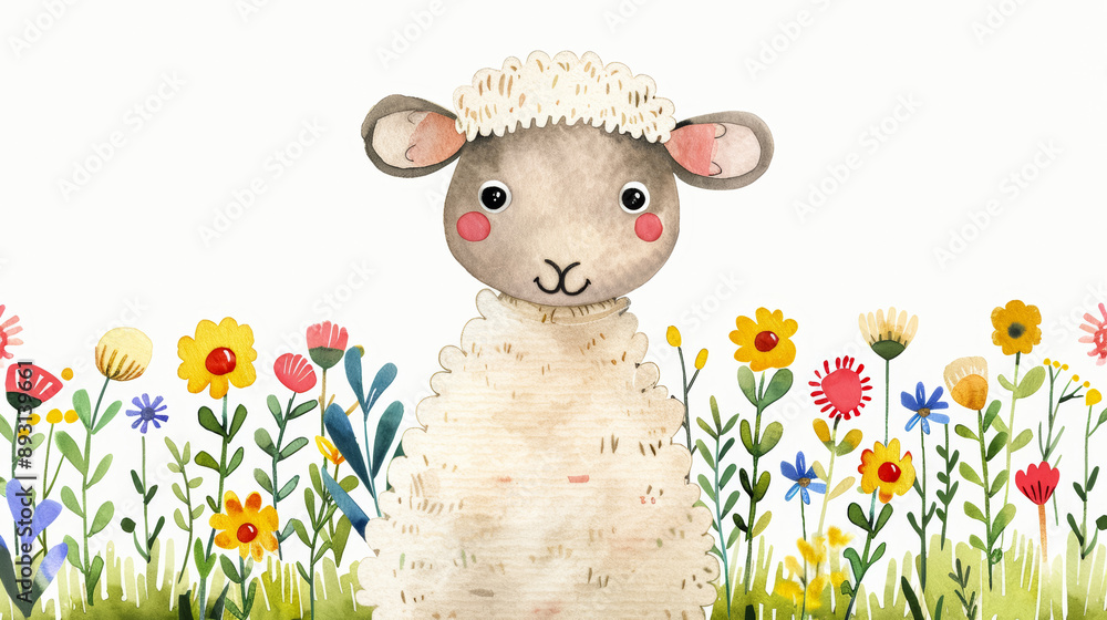 Watercolor illustration of a fluffy sheep with a colorful pasture background on a white background Watercolor illustration of a fluffy sheep with a colorful pasture background on a white background