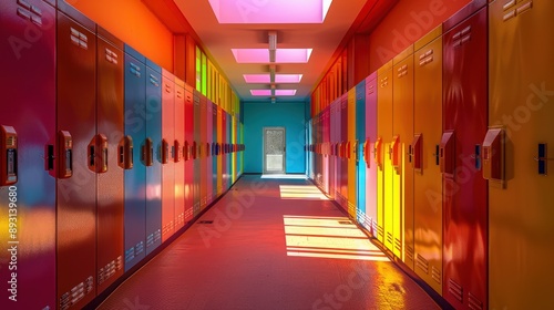 A brightly lit school corridor with vibrant, colorful lockers lining the walls