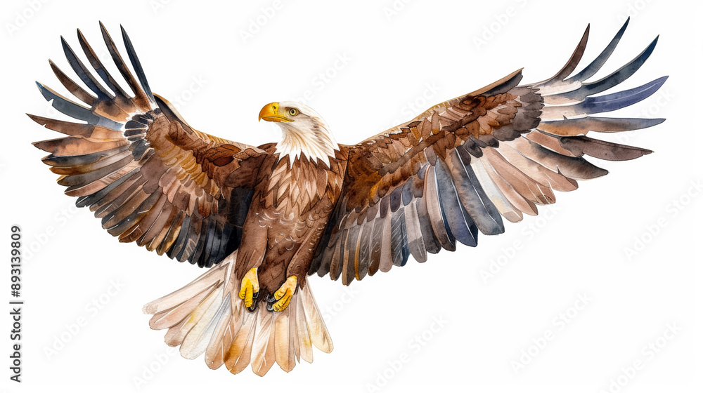 Fototapeta premium Watercolor illustration of a majestic eagle in mid flight on a white background 