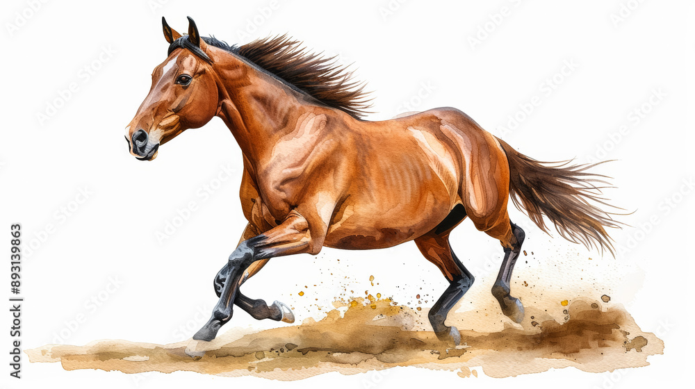 Naklejka premium Watercolor illustration of a majestic horse galloping through a field on a white background 