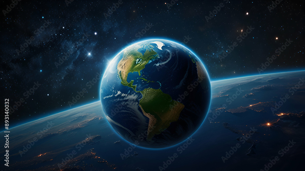 Obraz premium Earth from Space: Blue Oceans and Clouds in the Starry Universe