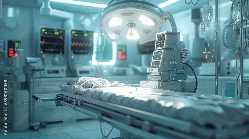 A Hospital Room With an Operating Table and a Light Above the Head of the Bed - Generative AI A Hospital Room With an Operating Table and a Light Above the Head of the Bed - Generative AI