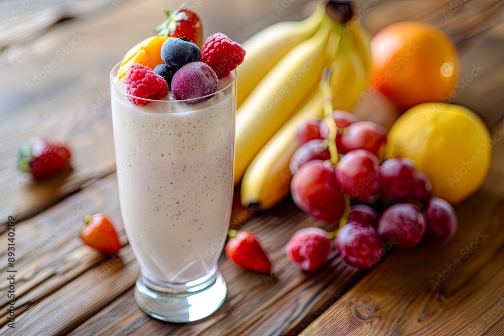 Soy Milk Smoothie with Fresh Fruits on Wooden Table Soy Milk Smoothie with Fresh Fruits on Wooden Table