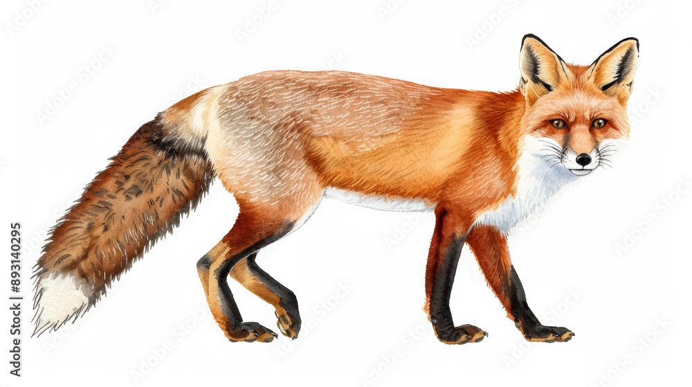 Obraz premium Watercolor illustration of a sneaky fox with a bushy tail on a white background 