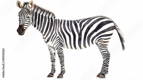 Watercolor illustration of a proud zebra with its black and white stripes on a white background 