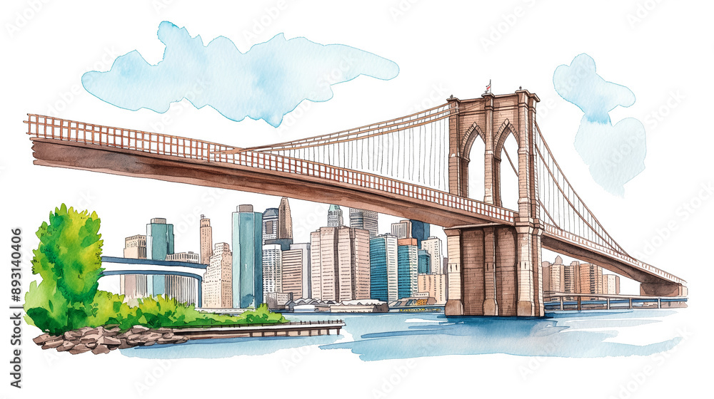 Naklejka premium Watercolor illustration of the Brooklyn Bridge in New York detailed and iconic isolated on a white background