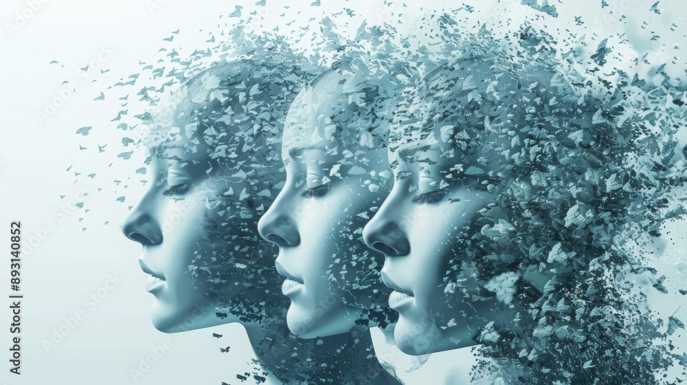 women profile light blue color, head explosion, neural networking, digital twin, digital transformation on white background women profile light blue color, head explosion, neural networking, digital twin, digital transformation on white background