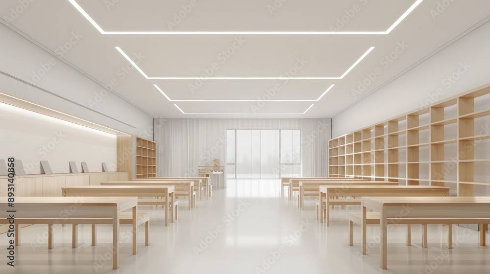 A clean and spacious classroom with white walls, light wooden desks, and minimalist shelving A clean and spacious classroom with white walls, light wooden desks, and minimalist shelving