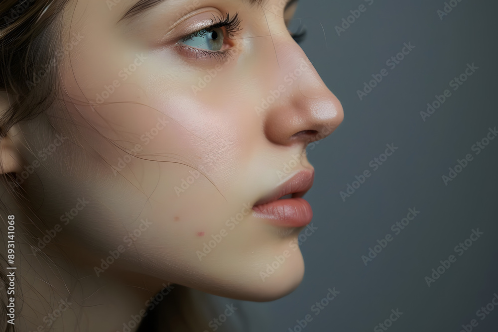 Side view of woman with bumpy aquiline nose in front of gray background Side view of woman with bumpy aquiline nose in front of gray background