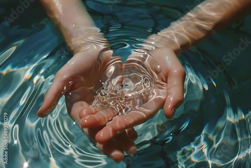 Serene water droplet held gently in cupped hands. Pair of hands cupping water. Water pouring in kid two hand on nature background.