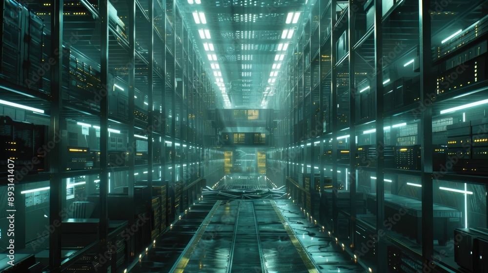 Interior of a futuristic warehouse with digital inventory displays Interior of a futuristic warehouse with digital inventory displays