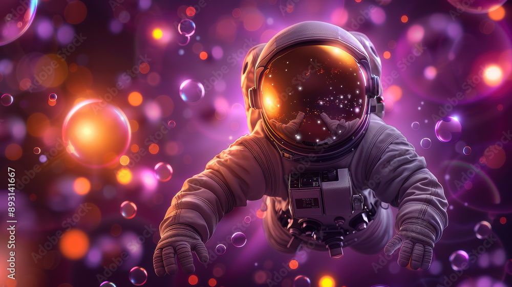 Fototapeta premium Astronaut Floating Among Colorful Bubbles