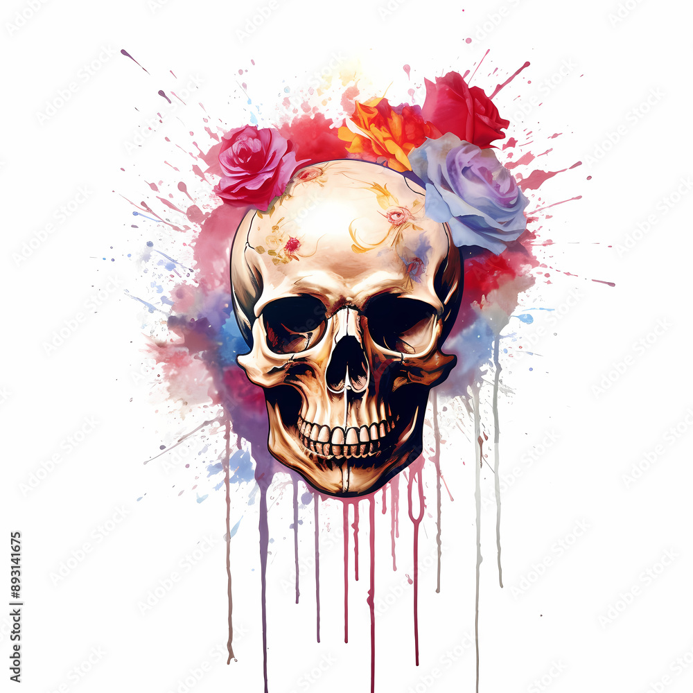 An artistic depiction of a skull adorned with colorful flowers, surrounded by a splash effect background combining vivid watercolor elements in a vibrant composition. An artistic depiction of a skull adorned with colorful flowers, surrounded by a splash effect background combining vivid watercolor elements in a vibrant composition.