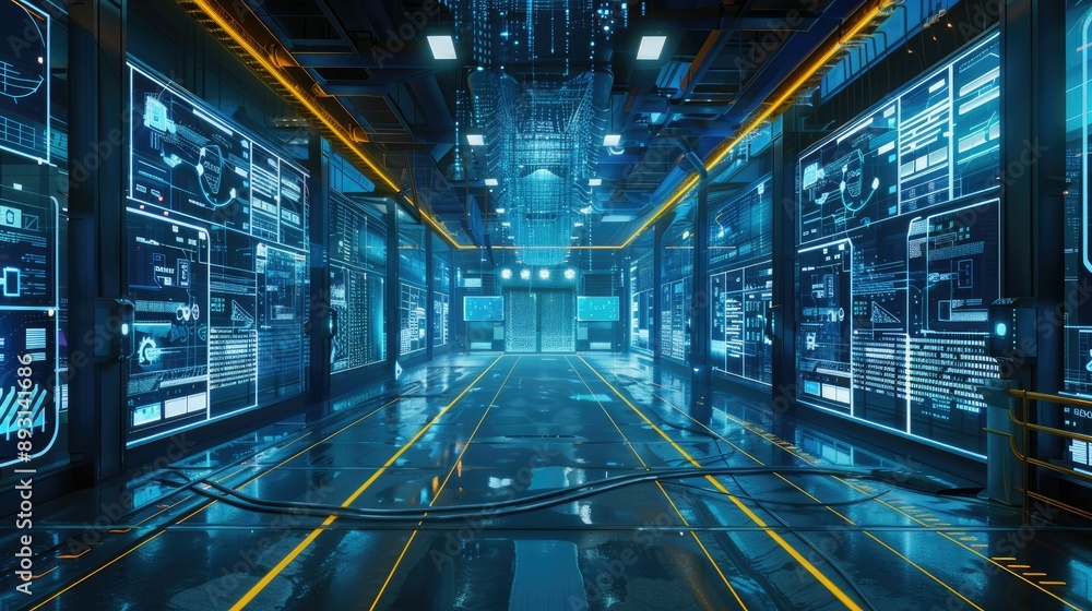 Interior of a futuristic warehouse with digital inventory displays Interior of a futuristic warehouse with digital inventory displays
