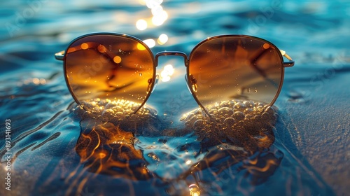 Wallpaper Mural Close-up of a summer hat with sunglasses and a glass of juice placed on the seashore, with ample space for text or product on the sand. Torontodigital.ca