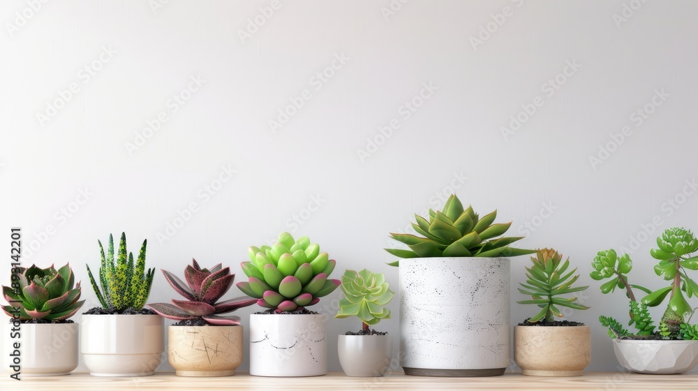 Fototapeta premium Succulent plants in front of white wall, home design. Front view with copy space