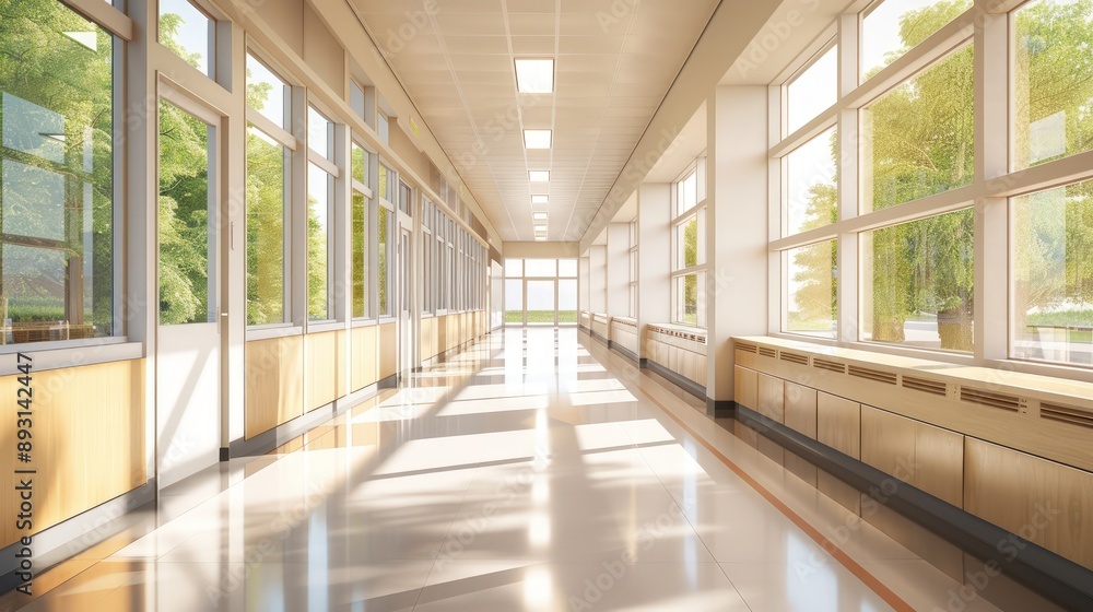 Fototapeta premium A clean, empty school corridor with minimalist design and neutral colors