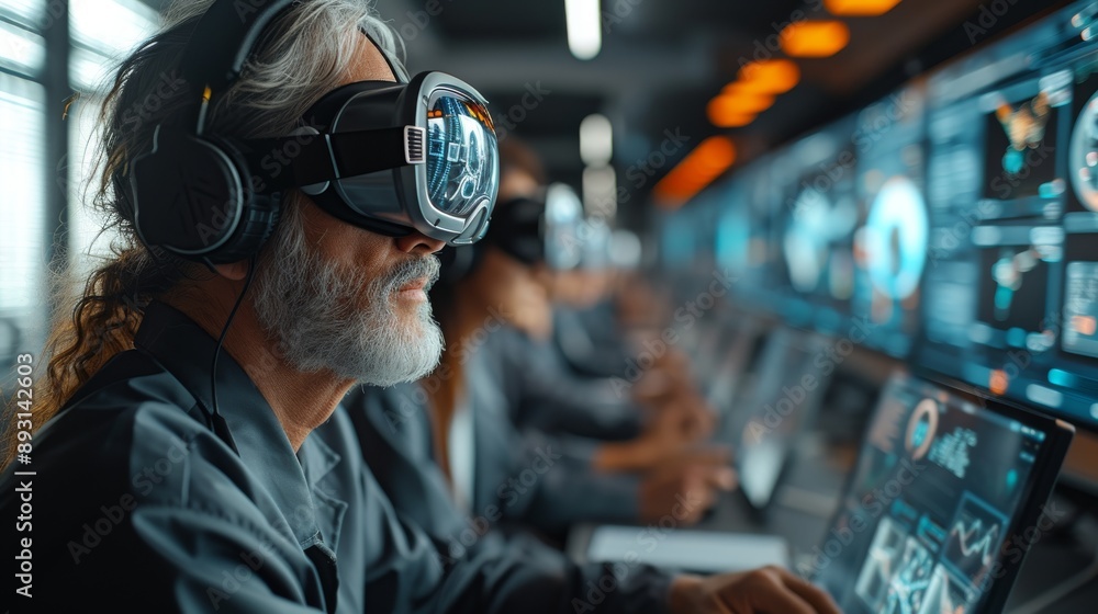 A Man Wearing Virtual Reality Goggles Working on a Laptop Computer in a Room Full of Other People - Generative AI A Man Wearing Virtual Reality Goggles Working on a Laptop Computer in a Room Full of Other People - Generative AI