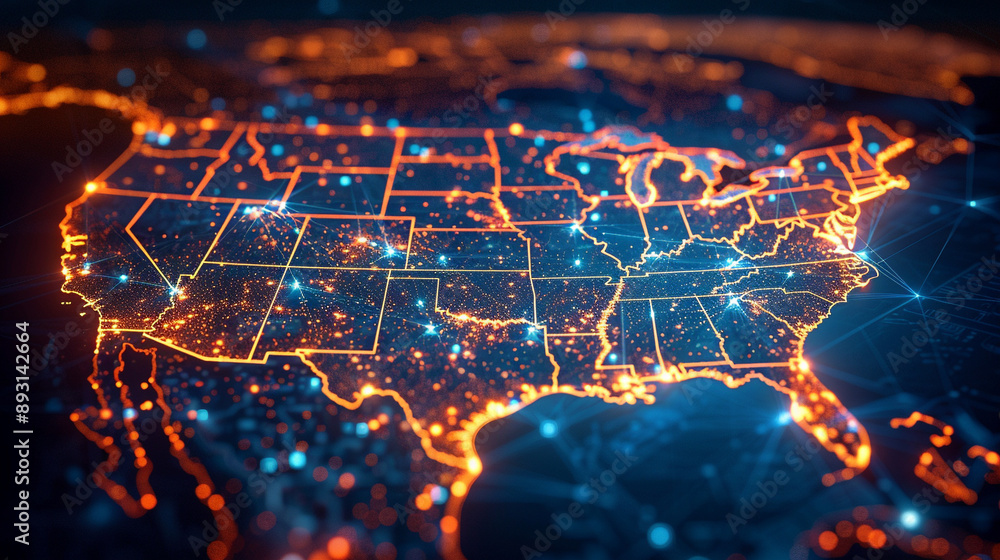 United States, lit up with interconnected electrical lines, symbolizing national unity and connectivity. The illuminated network emphasizes the importance of communication and energy United States, lit up with interconnected electrical lines, symbolizing national unity and connectivity. The illuminated network emphasizes the importance of communication and energy